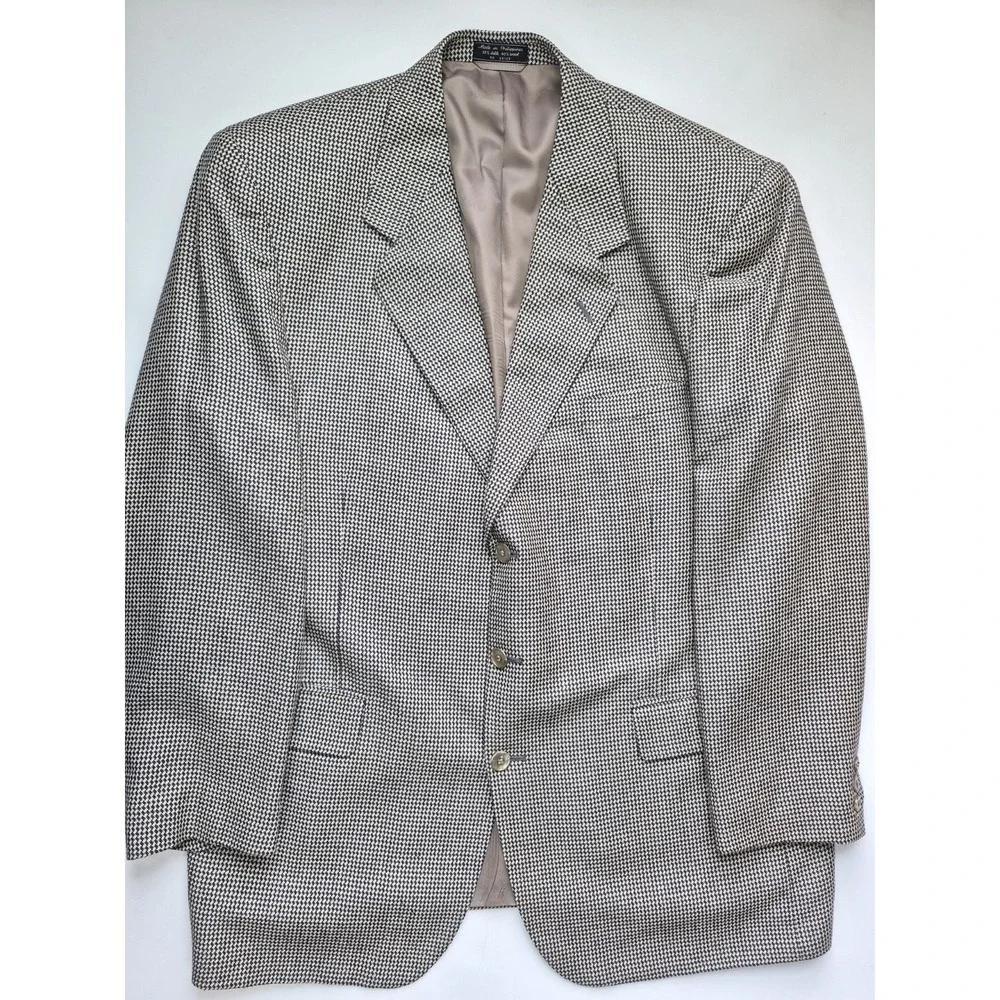 Jeffrey Banks Mens Wool Silk Sport Coat 36L Blue Cream Geometric 3 Button Jacket